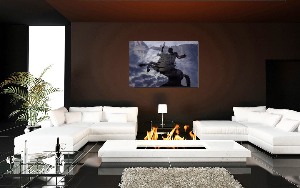 The Ancient Via Appia luxury acrylic print by Storaro - Dynamic Roman figure silhouetted against ancient aqueduct ruins in dramatic purple-blue atmosphere
