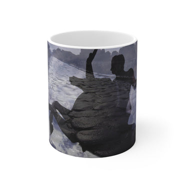 The Ancient Via Appia white ceramic mug by Storaro - Roman figure and ancient aqueduct in dramatic purple-blue atmospheric art
