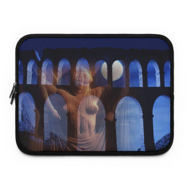 The Aqueduct and His Goddess laptop sleeve by Storaro - Divine goddess protecting Roman aqueduct on protective neoprene computer case
