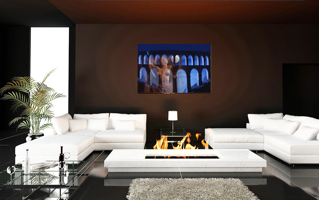 The Aqueduct and His Goddess luxury acrylic print by Storaro - Classical goddess figure protecting Roman aqueduct under luminous moonlight in twilight blue
