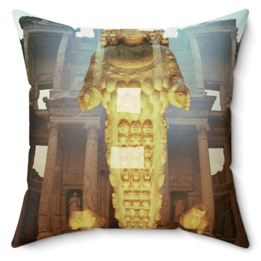 The Celsius Library decorative pillow by Storaro - Classical learning figures and ancient library facade on premium square cushion
