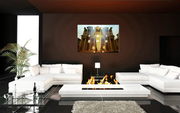 The Celsius Library luxury acrylic print by Storaro - Classical statuary figures ascending through the golden-lit facade of the Library of Celsus in luminous double exposure
