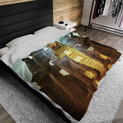 The Celsius Library luxury blanket by Storaro - Classical learning figures and library facade in luminous golden double exposure on premium fabric
