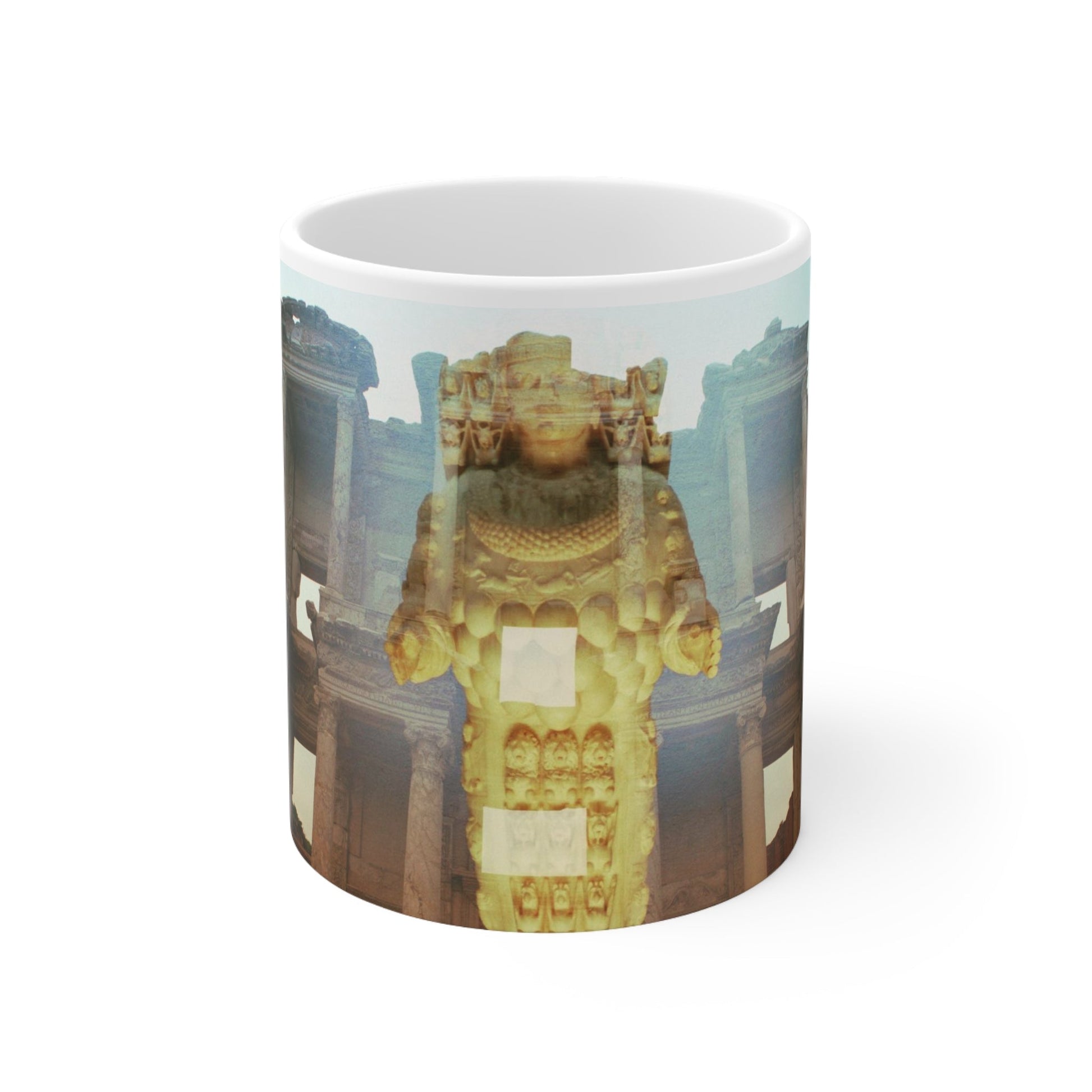 The Celsius Library white ceramic mug by Storaro - Classical scholars and ancient library in luminous golden atmospheric art
