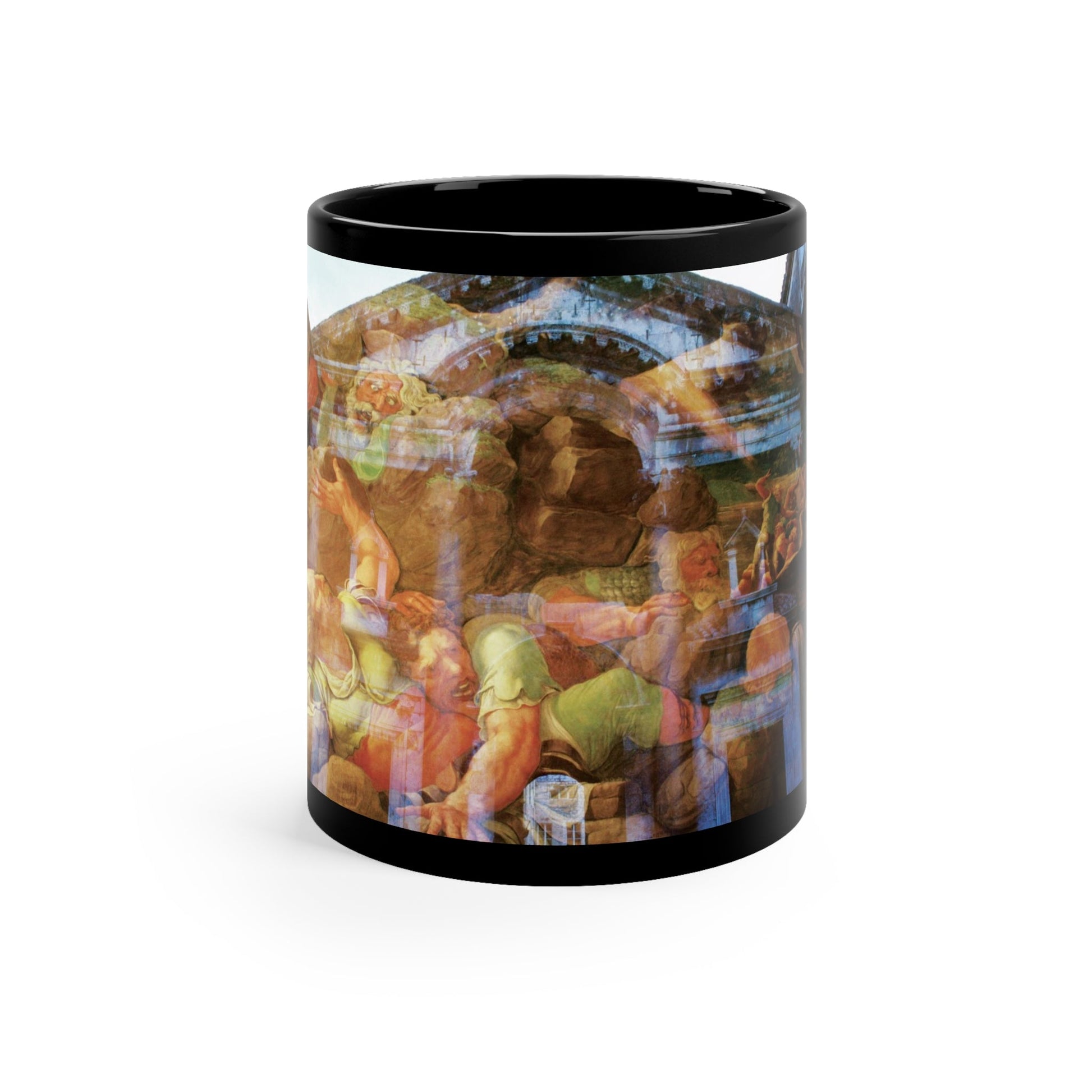The Fall of the Titans black ceramic mug by Storaro - Epic mythological conflict and Roman architecture creating dramatic contrast on premium black drinkware
