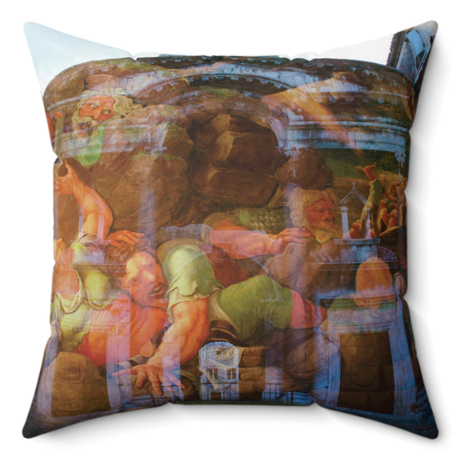 The Fall of the Titans decorative pillow by Storaro - Epic mythological conflict and Roman architecture on premium square cushion
