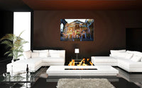 The Fall of the Titans luxury acrylic print by Storaro - Multiple overlapping classical figures in dynamic mythological conflict within Roman basilica ruins in vibrant layered colors
