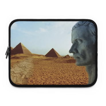 This distinguished laptop sleeve features "The Imperial Ways of Rome in Egypt" - a captivating visualization where classical Roman portraiture meets the eternal majesty of Giza's pyramids across golden desert landscapes.
