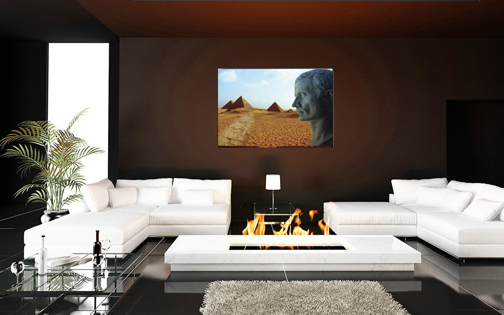 The Imperial Ways of Rome in Egypt acrylic print by Storaro Art Collection - Classical Roman portrait with Giza pyramids in golden desert luminous wall art
