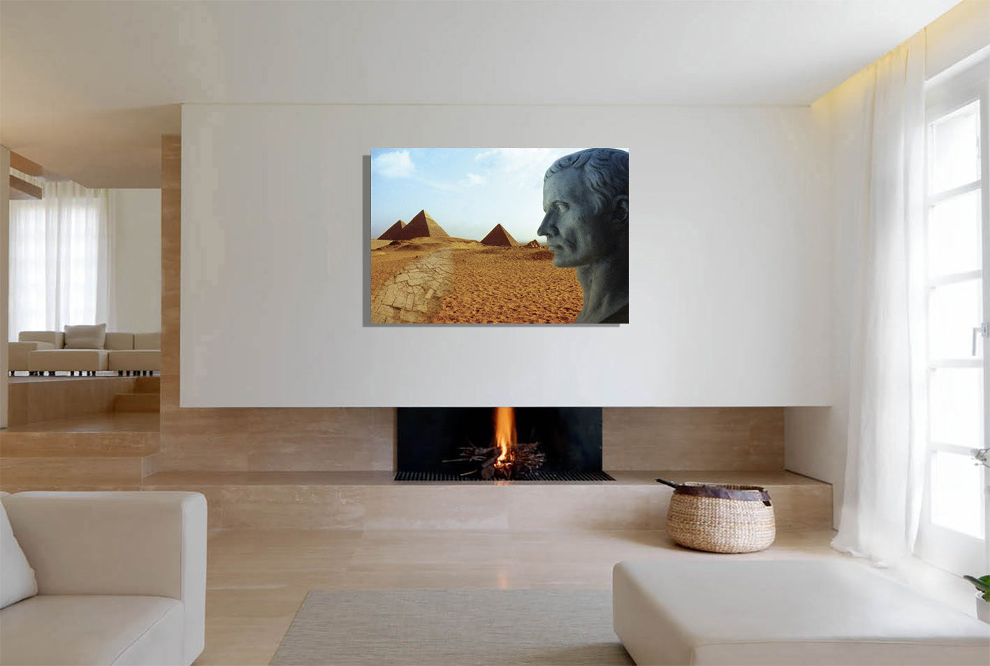 The Imperial Ways of Rome in Egypt canvas print by Storaro Art Collection - Classical Roman bust with Giza pyramids in golden desert museum wall art

