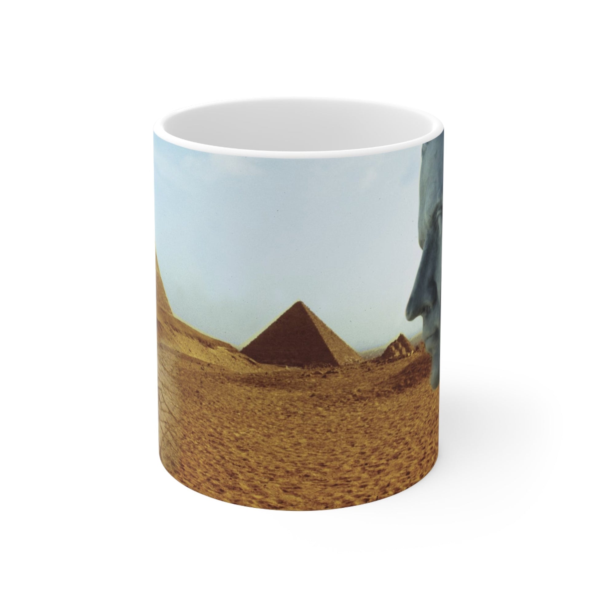 The Imperial Ways of Rome in Egypt white mug by Storaro Art Collection - Classical Roman bust with Giza pyramids in golden desert on ceramic drinkware
