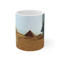 The Imperial Ways of Rome in Egypt white mug by Storaro Art Collection - Classical Roman bust with Giza pyramids in golden desert on ceramic drinkware
