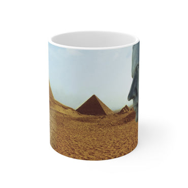 The Imperial Ways of Rome in Egypt white mug by Storaro Art Collection - Classical Roman bust with Giza pyramids in golden desert on ceramic drinkware
