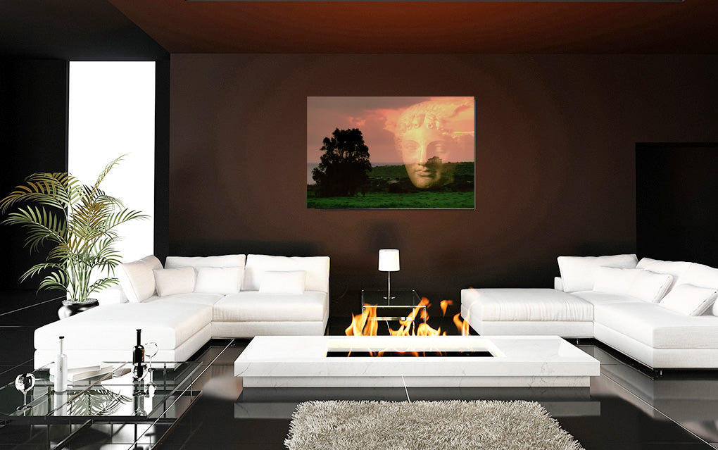 The Memory of Troy acrylic print by Storaro Art Collection - Classical warrior helmet with pastoral landscape in golden sunset luminous wall art
