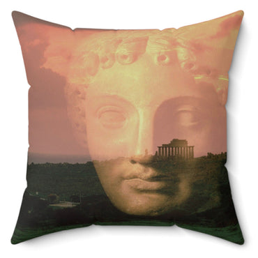 The Memory of Troy decorative pillow by Storaro Art Collection - Classical warrior face with pastoral landscape in golden sunset on premium fabric
