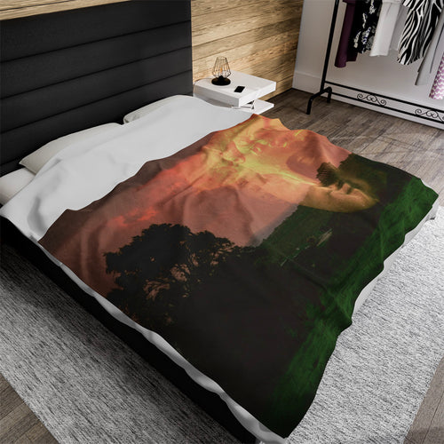 The Memory of Troy luxury blanket by Storaro Art Collection - Classical warrior helmet with pastoral landscape in golden sunset on premium fabric
