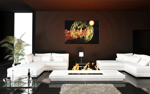 The Mouth of Truth acrylic print by Storaro Art Collection - Ancient Roman marble mask with golden architecture in mystical lighting luminous wall art
