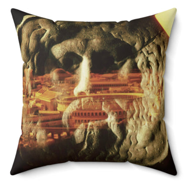 The Mouth of Truth decorative pillow by Storaro Art Collection - Ancient marble mask with golden Roman architecture in celestial light on premium fabric

