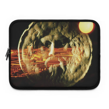 The Mouth of Truth laptop sleeve by Storaro Art Collection - Ancient marble mask with golden Roman architecture in celestial light on premium tech protection
