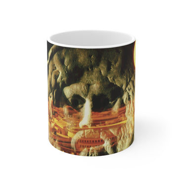 The Mouth of Truth white mug by Storaro Art Collection - Ancient marble mask with golden Roman architecture in celestial light on ceramic drinkware
