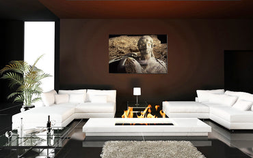 The Muse of Rome acrylic print by Storaro Art Collection - Classical female sculpture with Roman cityscape in golden tones luminous wall art
