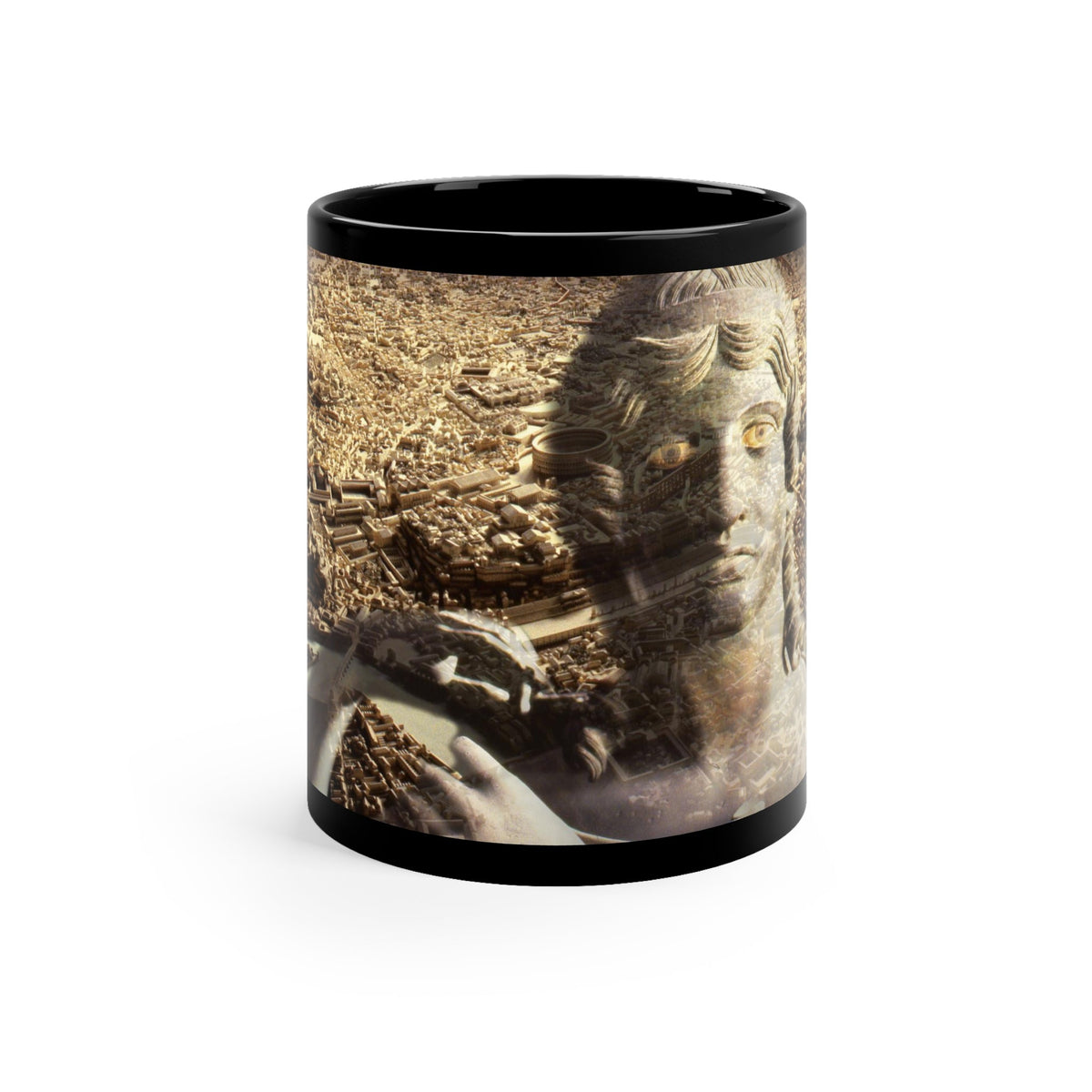 The Muse of Rome black mug by Storaro Art Collection - Classical sculpture with Roman cityscape in golden heritage tones on premium ceramic
