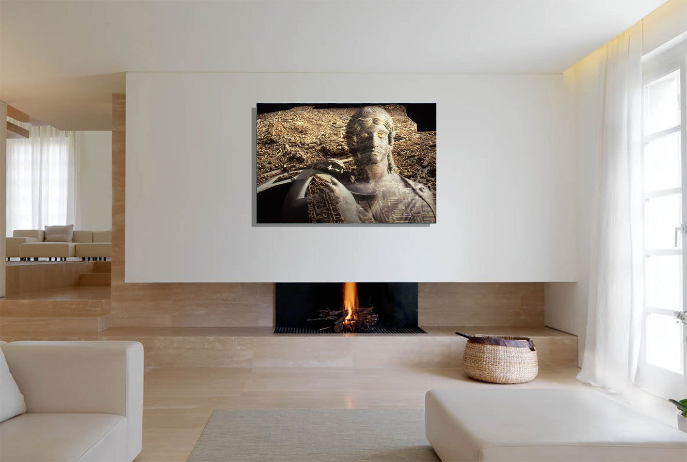 The Muse of Rome canvas print by Storaro Art Collection - Classical sculpture with Roman urban landscape in golden heritage tones museum wall art

