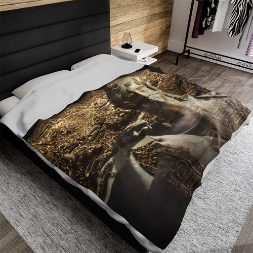 The Muse of Rome luxury blanket by Storaro Art Collection - Classical sculpture with Roman cityscape in golden heritage tones on premium fabric
