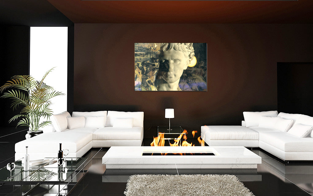 The Regency of Claudio acrylic print by Storaro Art Collection - Classical Roman emperor portrait with historical scenes in golden imperial tones luminous wall art
