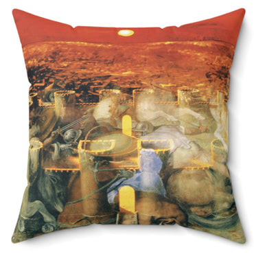 The Roman Fortress decorative pillow by Storaro Art Collection - Ancient fortress walls with legionary spirits in crimson sunset on premium fabric
