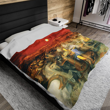 The Roman Fortress luxury blanket by Storaro Art Collection - Ancient fortress with legionary spirits in crimson sunset on premium fabric

