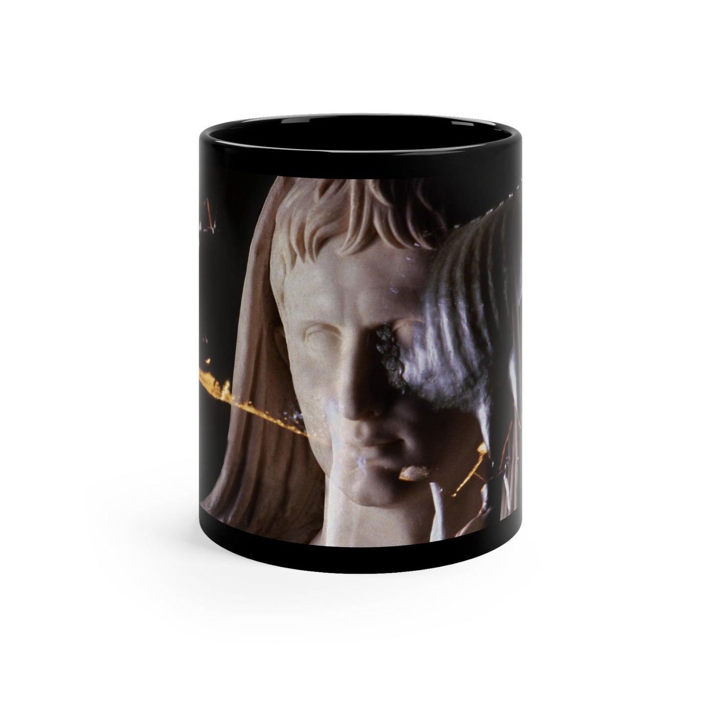 The Rome of Augustus black mug by Storaro Art Collection - Imperial Roman statue with golden lighting on sophisticated ceramic drinkware
