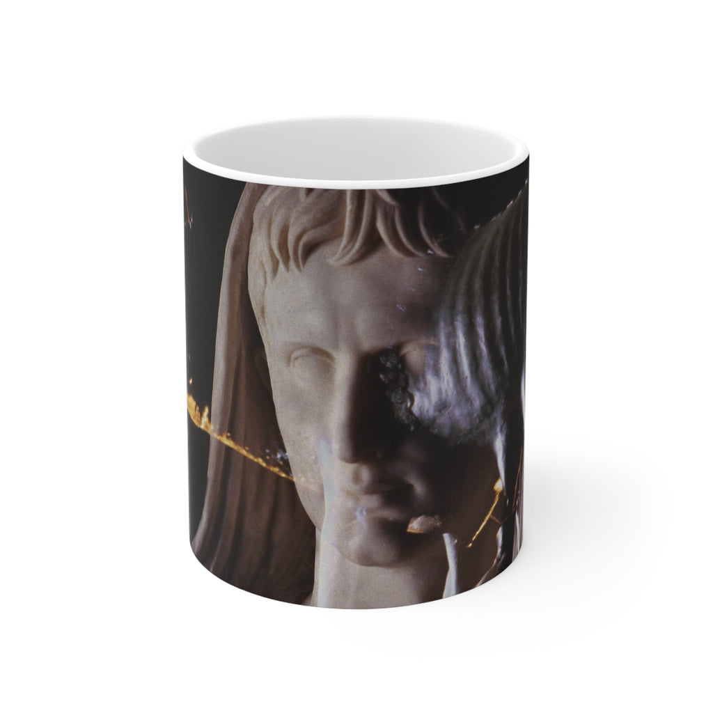 The Rome of Augustus white mug by Storaro Art Collection - Imperial Roman emperor statue with golden lighting on elegant ceramic drinkware
