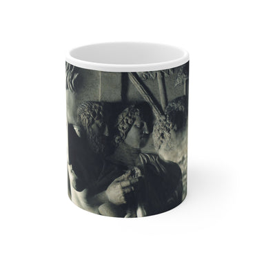 The Solitude of Tiberius white mug by Storaro Art Collection - Roman emperor Tiberius sculptural group in monochromatic elegant ceramic drinkware
