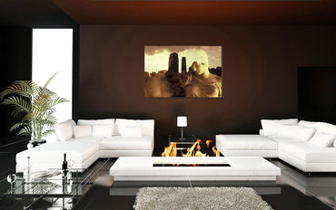 The Tragedy of Oreste and Elettra acrylic print by Storaro Art Collection - Classical Greek drama sculpture with golden archaeological ruins in luminous premium wall art
