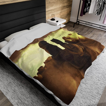 The Tragedy of Oreste and Elettra luxury blanket by Storaro Art Collection - Greek tragedy sculpture with golden archaeological ruins on premium comfort fabric
