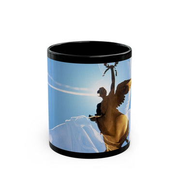 The Victory black mug by Storaro Art Collection - Roman Victory goddess with laurel wreath against blue sky on sophisticated ceramic drinkware
