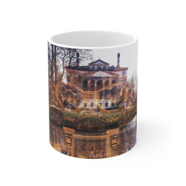 The Villa Malcontenta white mug by Storaro Art Collection - Renaissance Palladian villa with golden architectural reflections on elegant ceramic drinkware
