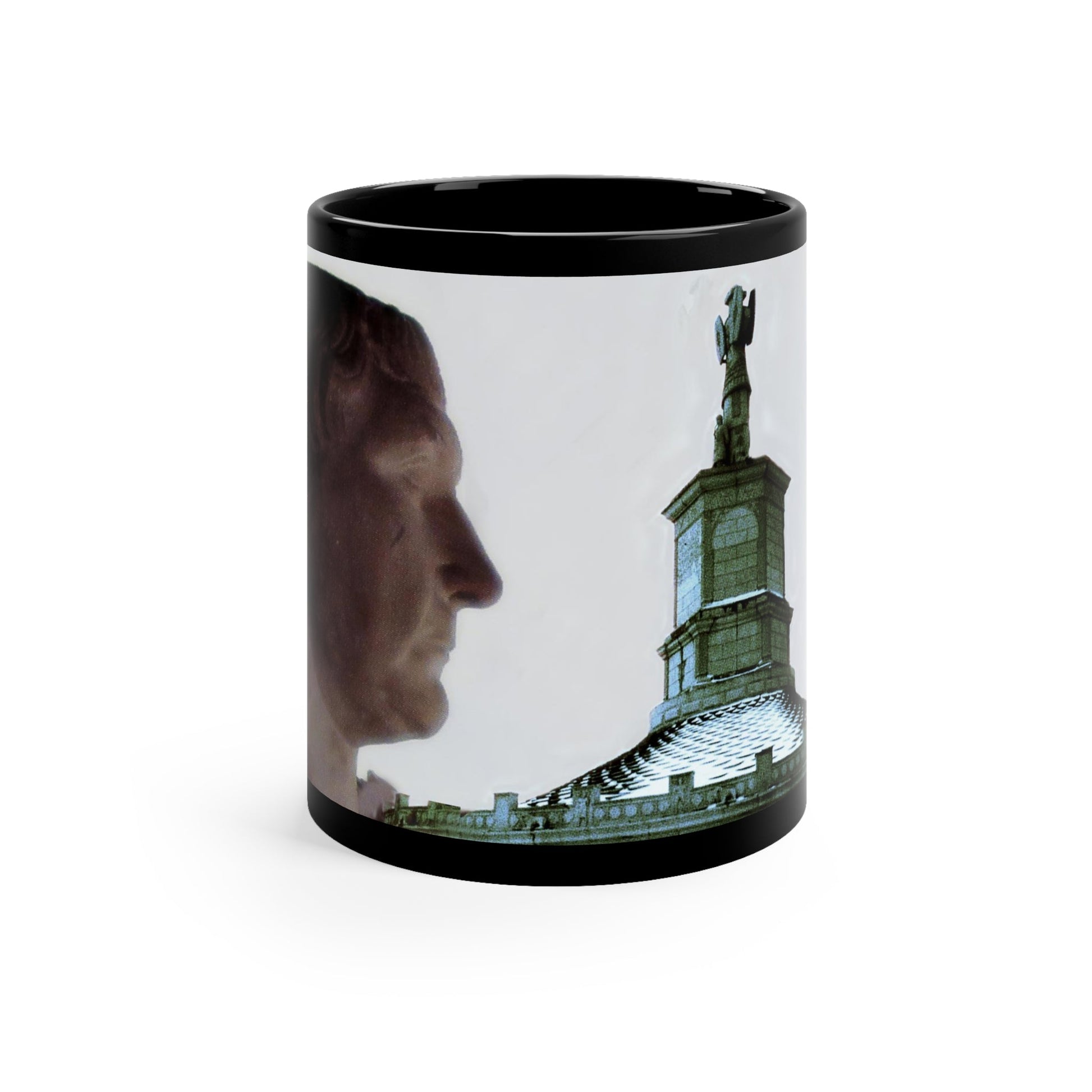 Trajan and His Temple in Thrace black mug by Storaro Art Collection - Roman emperor with Thrace monument architecture on sophisticated ceramic drinkware

