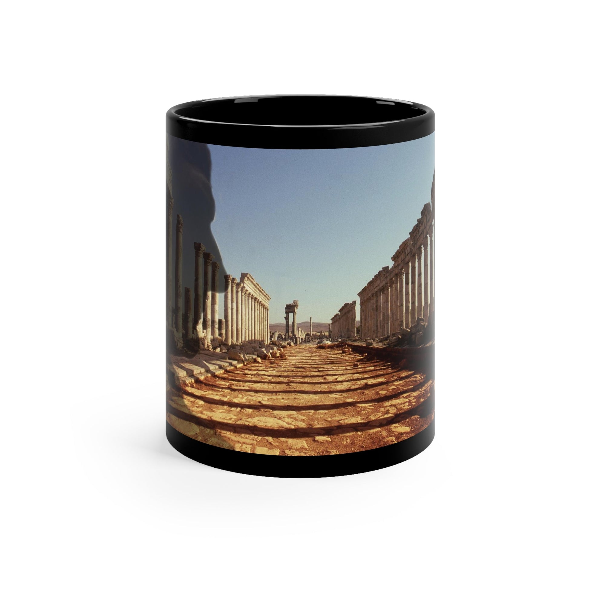 Trajan in the Colonnade of Apamea black mug by Storaro Art Collection - Roman emperor with Syrian colonnade architecture on sophisticated ceramic drinkware
