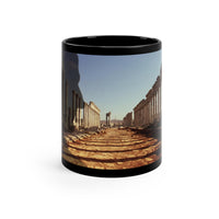 Trajan in the Colonnade of Apamea black mug by Storaro Art Collection - Roman emperor with Syrian colonnade architecture on sophisticated ceramic drinkware
