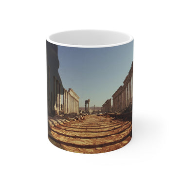 Trajan in the Colonnade of Apamea white mug by Storaro Art Collection - Roman emperor with Syrian colonnade architecture on elegant ceramic drinkware
