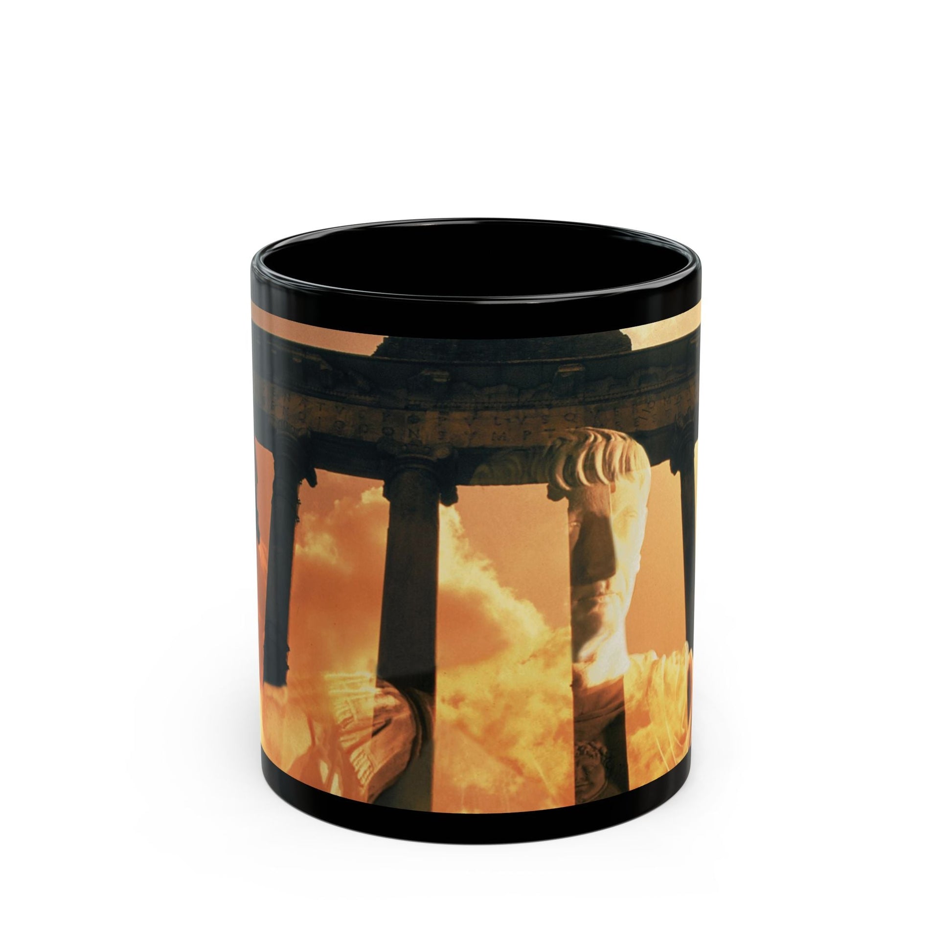 Trajan the Conqueror black mug by Storaro Art Collection - Roman emperor conqueror with temple ruins against sunset on sophisticated ceramic drinkware

