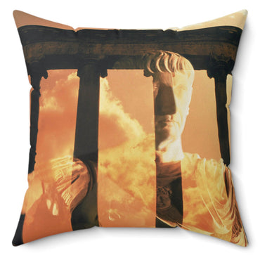Trajan the Conqueror decorative pillow by Storaro Art Collection - Roman emperor conqueror with temple ruins against sunset on premium home decor accessory
