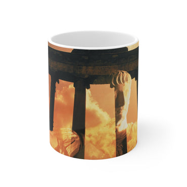 Trajan the Conqueror white mug by Storaro Art Collection - Roman emperor conqueror with temple ruins against sunset on elegant ceramic drinkware
