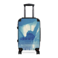 Travel luggage featuring ethereal neoclassical building with flowing blue veils