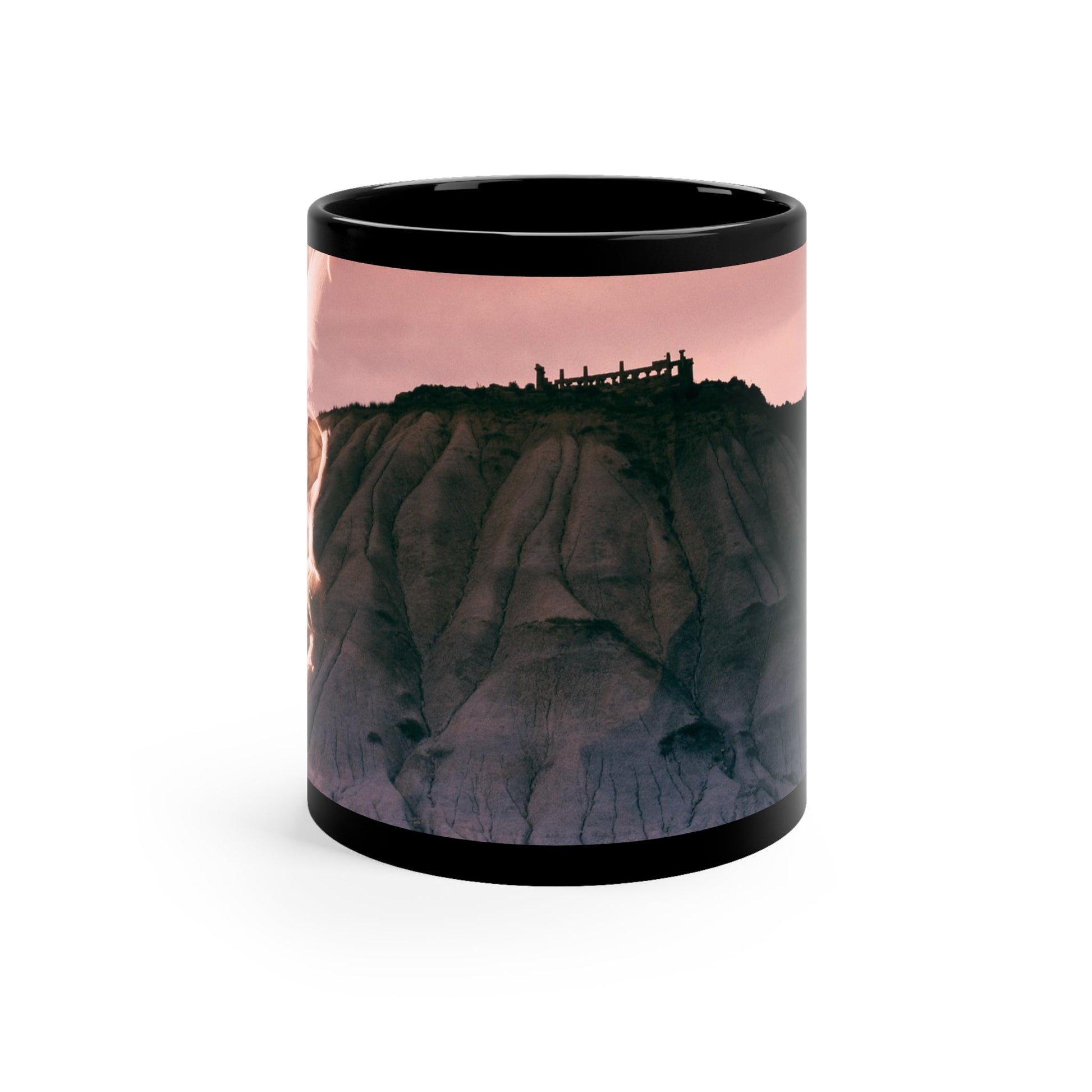 Troy Ilion Land of the Gods black mug by Storaro Art Collection - Classical Greek mythology with Troy citadel in divine rose atmosphere on sophisticated ceramic drinkware
