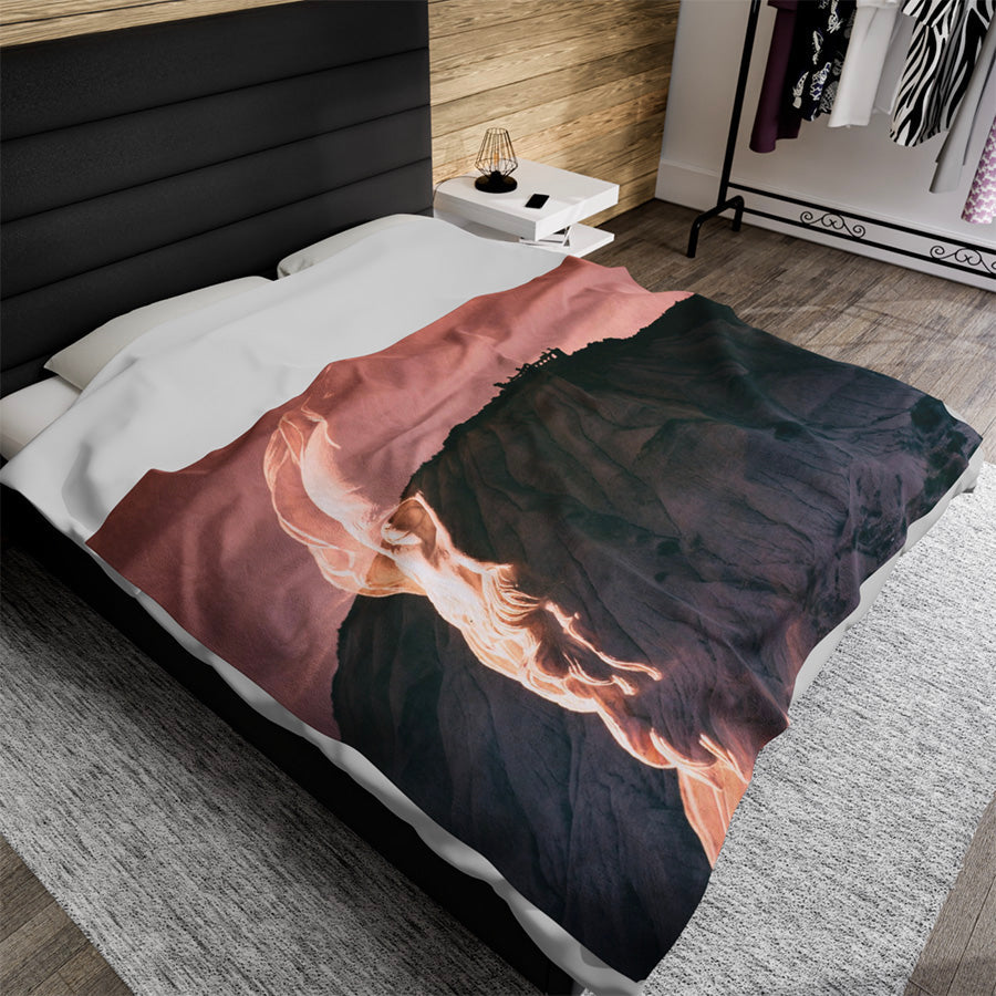 Troy Ilion Land of the Gods luxury blanket by Storaro Art Collection - Classical Greek mythology with Troy citadel in divine rose atmosphere on premium comfort fabric
