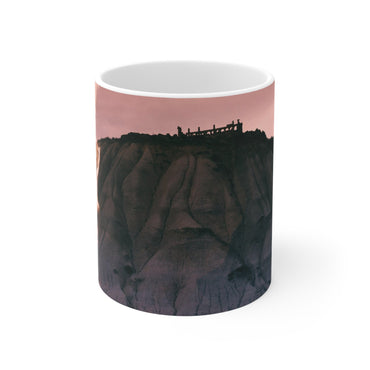 Troy Ilion Land of the Gods white mug by Storaro Art Collection - Classical Greek mythology with Troy citadel in divine rose atmosphere on elegant ceramic drinkware
