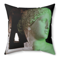 Venus in the Cave of the Cumaean Sibyl decorative pillow by Storaro Art Collection - Classical Venus marble sculpture with emerald cave lighting on premium home decor accessory
